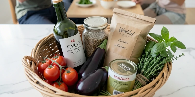 Einkaufskorb von oben: Olivenöl-Flasche mit EVOO-Bezeichnung, Tomaten, Aubergine, Vollkornnudeln, Dose Sardinen, frische Kräuter, Linsen in einem Glas – kein Fertigprodukt