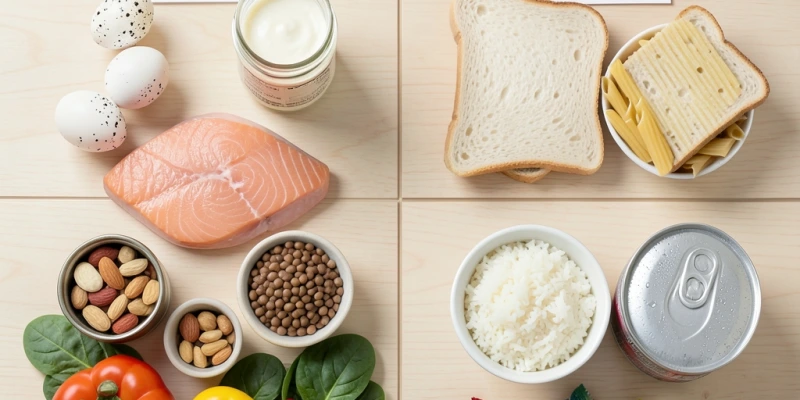 Einkaufsliste-Grafik: Links Lebensmittel, die im Mittelpunkt stehen (Eier, Quark, Fisch, Fleisch, Hülsenfrüchte, Nüsse, Gemüse); rechts Lebensmittel, die stark reduziert werden (Weißbrot, Nudeln, Reis, Süßgetränke, Süßigkeiten)