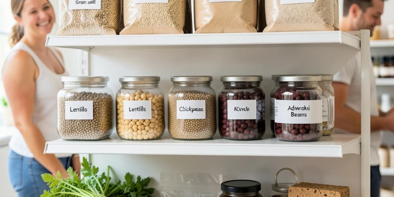 Einkaufsliste oder Regalansicht mit erlaubten Lebensmitteln der Kushi-Diät: Vollkorngetreide, Hülsenfrüchte, Wurzelgemüse, Algen, Miso, Tempeh – klar beschriftet