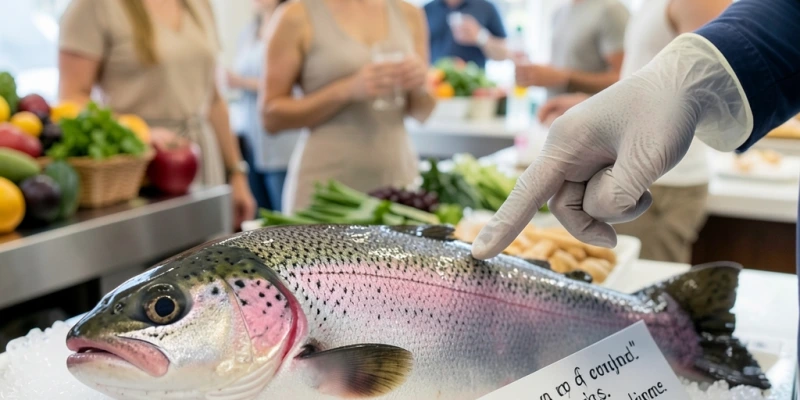 Einkaufssituation am Fischtresen: Ganze Forelle mit Herkunftslabel – Fokus auf Frischemerkmale: klare Augen, rote Kiemen, festes Fleisch