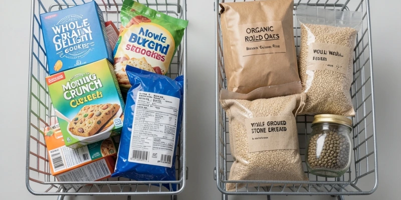Einkaufswagen-Vergleich: links verarbeitete „Vollkorn"-Produkte mit langer Zutatenliste, rechts echte Vollkorngrundprodukte wie Haferflocken, Vollkornreis, Roggenmehl
