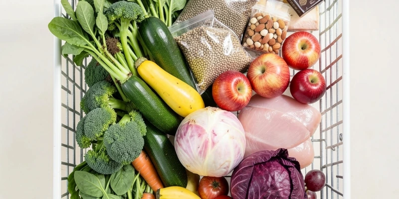 Einkaufswagen von oben fotografiert: Großteil des Inhalts sind frisches Gemüse, Hülsenfrüchte, Obst, magere Proteinquellen – kleiner Anteil sind Käse, Nüsse, ein Stück dunkle Schokolade
