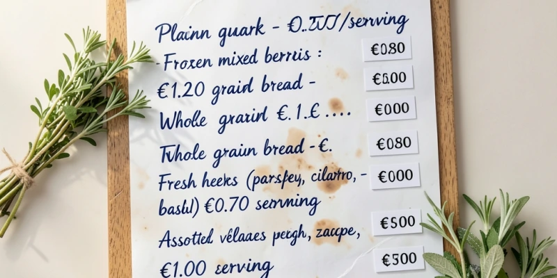 Einkaufszettel-Mockup mit typischen Magerquark-Kombinationen für eine Woche Meal Prep: Quark natur, Beeren (TK), Vollkornbrot, Kräuter, Gemüse – mit Preisangaben ca. je Portion