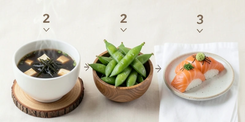 Empfohlene Reihenfolge einer Sushi-Mahlzeit – Miso-Suppe, Edamame, Nigiri – als einfache grafische Abfolge