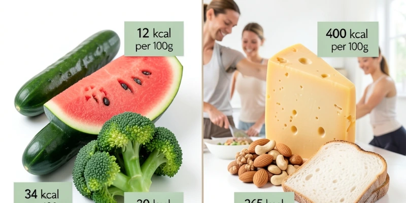 Energiedichte-Vergleich verschiedener Lebensmittel als visuelle Grafik – Gurke, Wassermelone, Brokkoli auf der linken Seite (niedrige Energiedichte) vs. Käse, Nüsse, Weißbrot auf der rechten Seite (hohe Energiedichte) – mit kcal pro 100 g