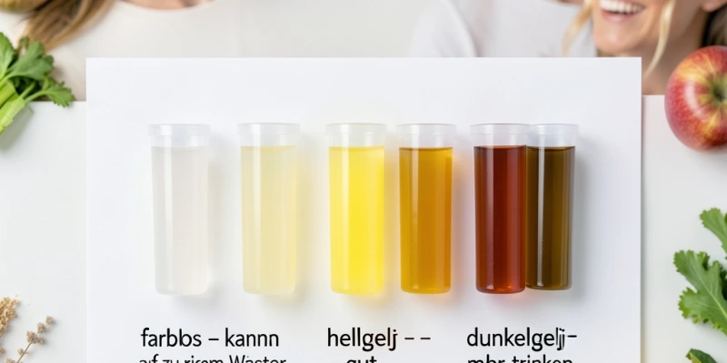 Farbskala Urin – von fast farblos bis dunkelgelb mit Beschriftung „Was die Farbe bedeutet: hellgelb = gut, dunkelgelb = mehr trinken, farblos = kann auf zu viel Wasser hinweisen"