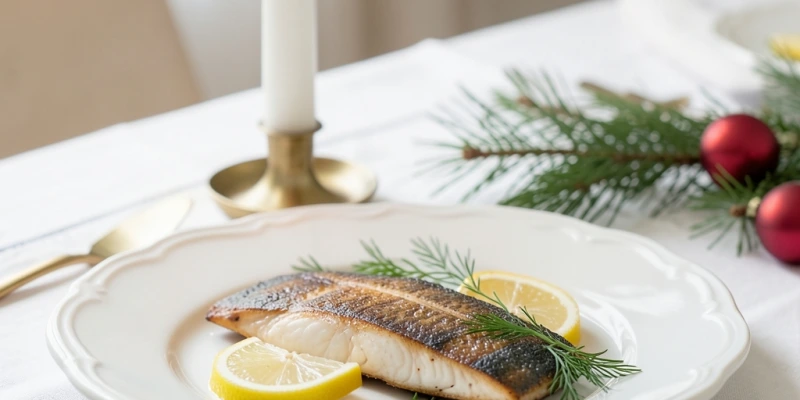 Festlich gedeckter Tisch mit Forellenfilet auf weißem Teller, Zitronenscheibe, Dillzweig, Kerze im Hintergrund – Atmosphäre: Weihnachten, nicht Diätküche