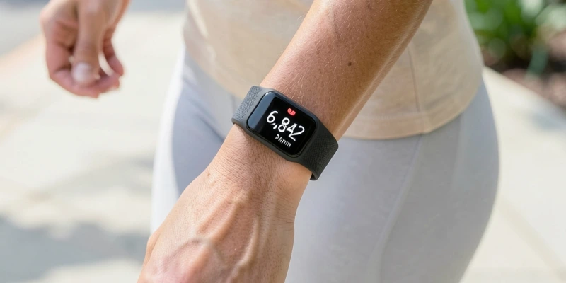 Fitnessarmband am Handgelenk einer Person beim Spazierengehen – Anzeige mit Schrittzahl und Herzfrequenz sichtbar
