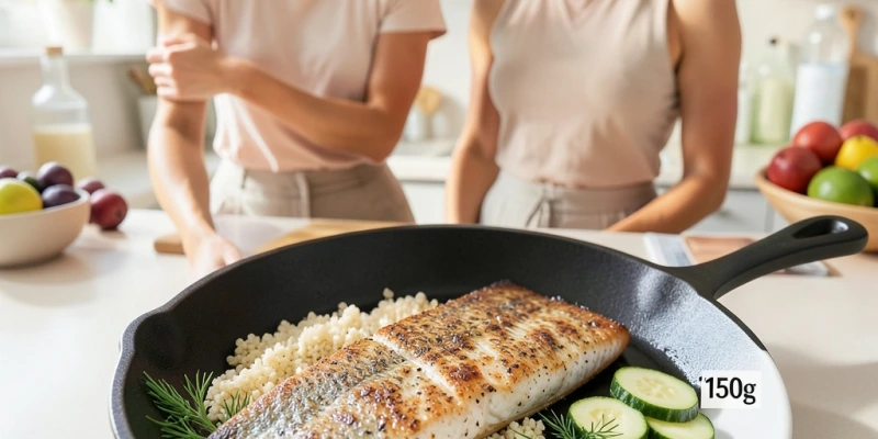 Forellenfilet in der Pfanne, daneben Quinoa und Zucchini – eine vollständige Mahlzeit mit Mengenangaben auf dem Teller beschriftet