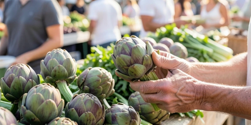 Frische Artischocken auf einem Marktstand, verschiedene Größen nebeneinander – zeigt die Auswahl beim Einkauf: feste, schwere Knospen mit eng anliegenden Blättern sind erntefrisch