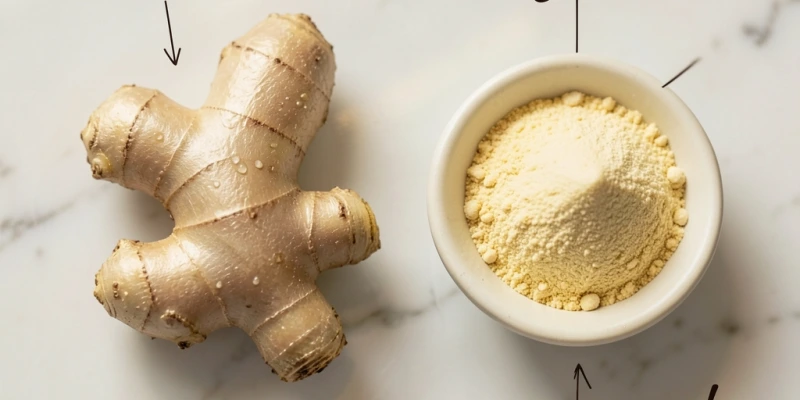 Frische Ingwerwurzel neben getrocknetem Ingwerpulver – mit Beschriftung der Hauptwirkstoffe Gingerol (frisch) und Shogaol (getrocknet/erhitzt)