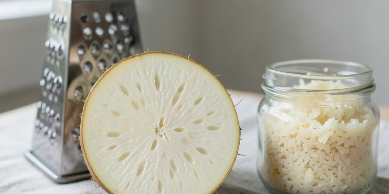 Frische Meerrettichwurzel im Querschnitt neben einer Reibe und einem kleinen Glas frisch geriebenem Meerrettich – zeigt die natürliche Textur und Menge, die typischerweise als Portion verwendet wird