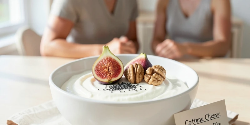 Frühstücksbowl mit Hüttenkäse, zwei halbierten frischen Feigen, Walnüssen und Chiasamen – mit Portionsangaben als Bildunterschrift