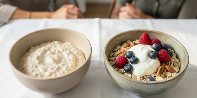 Frühstückstisch-Vergleich: Schale mit Instant-Haferbrei ohne Topping vs. Schale mit groben Haferflocken, Joghurt, Beeren und Nüssen – mit Beschriftung der Ballaststoff- und Proteinmenge