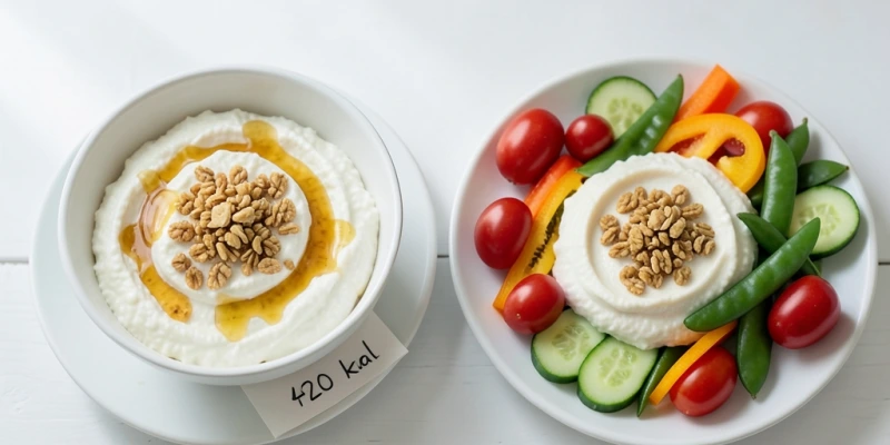 Frühstücksvarianten nebeneinander: links Quark mit 2 EL Honig und 50 g Granola (ca. 420 kcal), rechts Quark mit Kräutern und 200 g Gemüse (ca. 180 kcal) – gleiche Quarkmenge, sehr unterschiedliche Kalorienbilanz