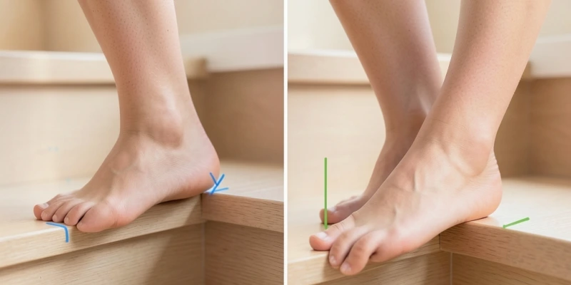 Fußposition an einer Treppenkante – links: Ferse auf Höhe der Kante (Ausgangspunkt), rechts: Ferse leicht abgesenkt unter Kantenniveau (maximale Dehnung); Beschriftung: „Kontrollierte Absenkung, nicht Überstreckung"