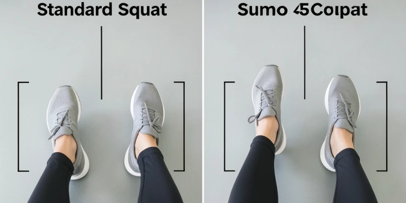 Fußstellung von oben: links normaler Squat (hüftbreit, Zehen 15–20° außen), rechts Sumo Squat (1,5-fache Schulterbreite, Zehen 45° außen) – gleicher Körper, Unterschied klar sichtbar