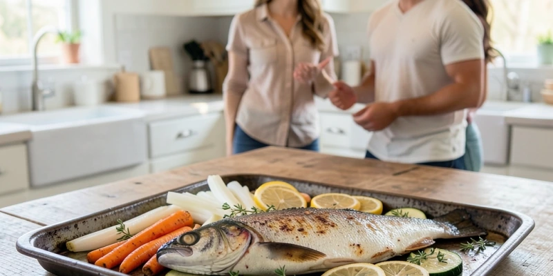 Ganze Forelle auf einem Backblech, umgeben von Ofengemüse in kräftigen Farben – Karotten, Fenchel, Zucchini – mit Zitronenscheiben und frischen Kräutern, rustikal angerichtet