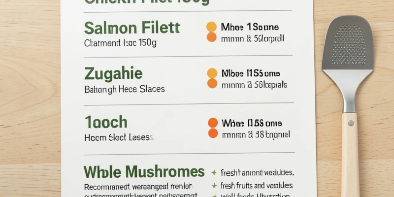Garzeiten-Übersicht als Tabelle: Hähnchenfilet 150g / Lachsfilet 150g / Zucchini 1cm / Champignons ganz – jeweils mit Minuten und empfohlener Stufe