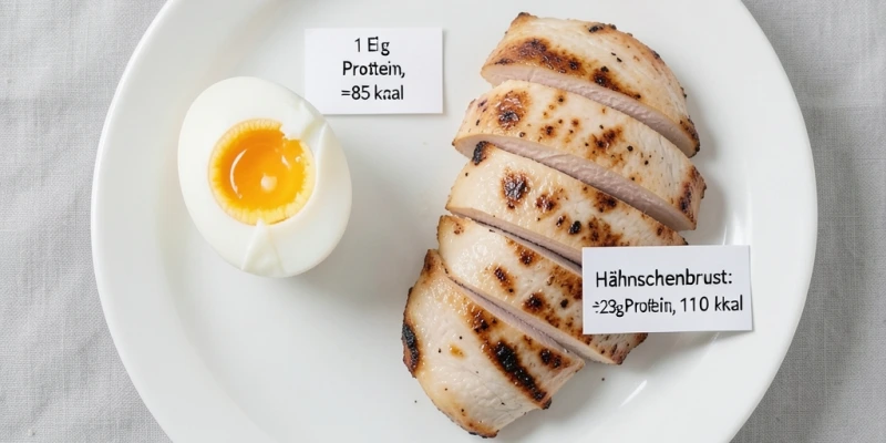 Gegenüberstellung auf einem Teller: 1 Ei (ca. 60 g, ~8 g Protein, ~85 kcal) neben 100 g Hähnchenbrust (~23 g Protein, ~110 kcal) – Beschriftung zeigt Protein- und Kaloriengehalt je Portion