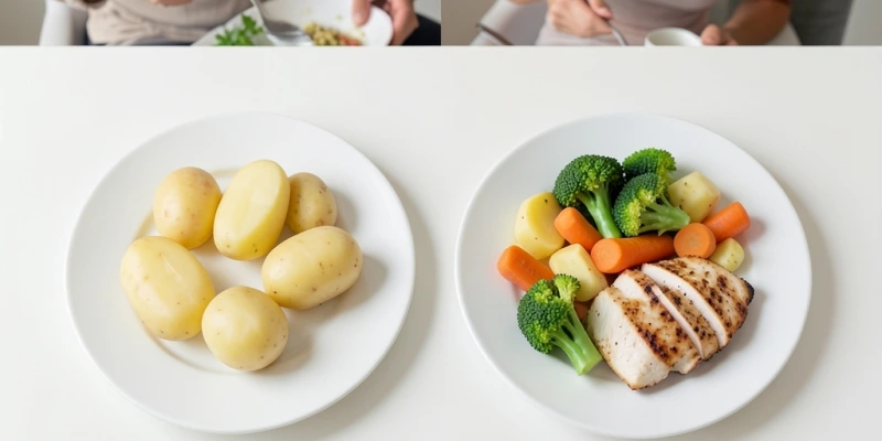 Gegenüberstellung: Ein Teller mit ausschließlich gekochten Kartoffeln vs. ein Teller Kartoffeln ergänzt mit 100g gedünstetem Gemüse und 80g Hühnchenbrust – mit Mengenangaben