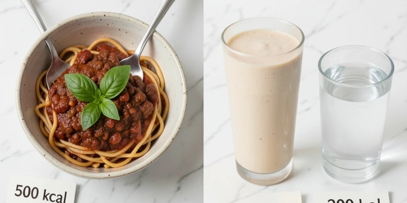 Gegenüberstellung eines typischen Mittagessens (500 kcal: Pasta mit Fleischsauce) und eines Beavita-Shakes mit einem Glas Wasser (ca. 200 kcal) – gleiches Volumen im Glas, aber stark unterschiedlicher Energiegehalt