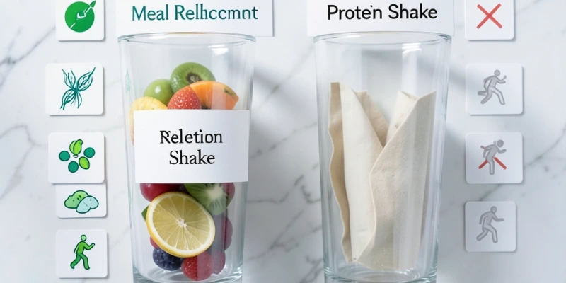 Gegenüberstellung: Nährstoffprofil eines typischen Mahlzeitenersatz-Shakes vs. Proteinshake – zeigt, was bei letzterem fehlt (Mikronährstoffe, Ballaststoffe)