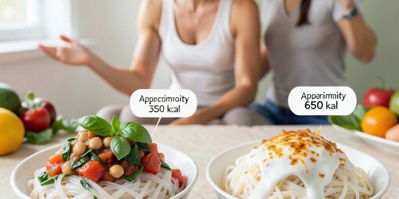 Gegenüberstellung: Shirataki mit proteinreicher Gemüsesauce (ca. 350 kcal) vs. Shirataki mit Sahnesauce und Käse (ca. 650 kcal) – gleiche Nudelbasis, unterschiedlicher Gesamteffekt durch Beilagen