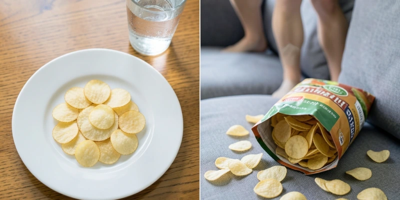 Gegenüberstellung: Teller mit einer definierten Portion auf dem Esstisch vs. geöffnete Chipstüte auf der Couch – gleiche Kalorienmenge, unterschiedliche Wahrnehmung