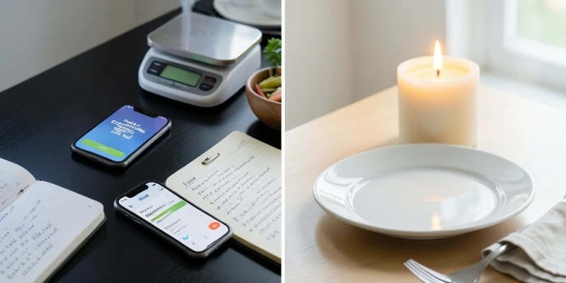 Gegenüberstellung: Tisch mit Smartphone, Ernährungs-App und Küchenwaage vs. Tisch mit Kerze, Teller ohne digitale Ablenkung – Stimmungskontrast, keine Körperdarstellung