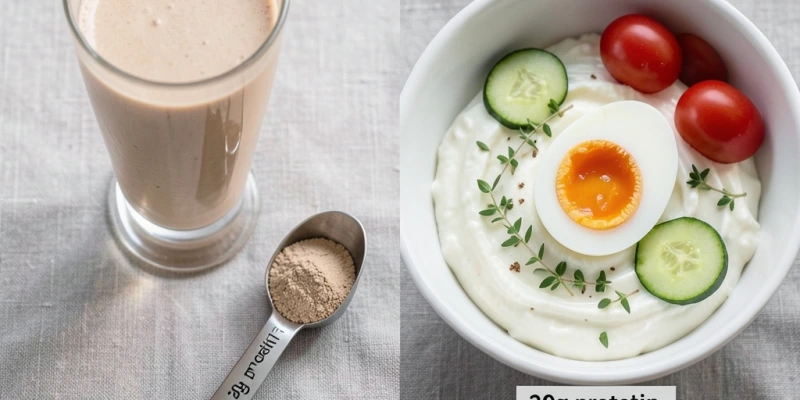 Gegenüberstellung zweier Frühstücke: links ein Proteinpulver-Shake im Glas (~30 g Protein), rechts eine Schale mit griechischem Joghurt, zwei Eiern und etwas Gemüse (~30 g Protein) – gleiche Menge Protein, unterschiedliche Lebensmittel-Qualität und Sättigungswirkung