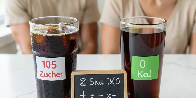 Gegenüberstellung zweier Gläser: 250 ml Cola (105 kcal, 26 g Zucker) vs. 250 ml ungesüßter Schwarztee (0 kcal) – mit Beschriftung der Kalorienangaben und wöchentlichem Effekt bei 5× Tausch