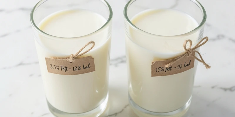 Gegenüberstellung zweier Gläser Milch à 200 ml: Vollmilch (3,5% Fett) mit Kalorienangabe vs. fettarme Milch (1,5% Fett) – kleiner Unterschied, konkret gemacht