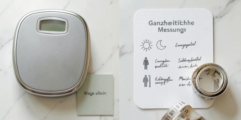 Gegenüberstellung zweier Messansätze – Waage allein vs. Kombination aus Energielevel, Schlafqualität, Körpergefühl und Maßband – dargestellt als einfache Checkliste