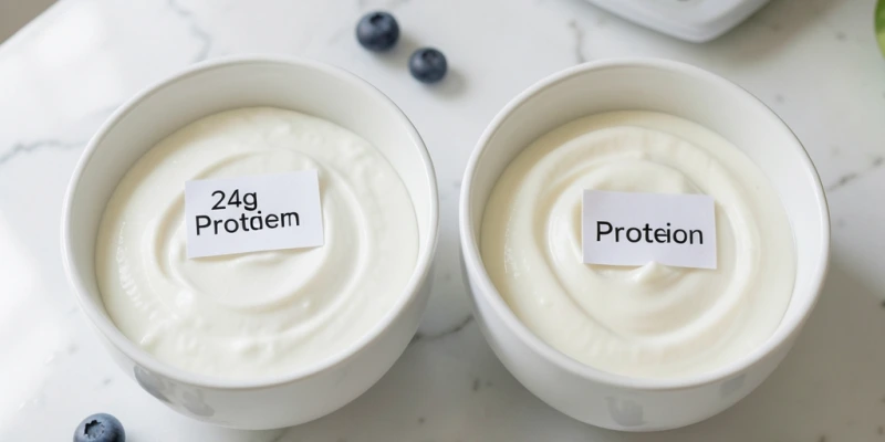 Gegenüberstellung zweier Schüsseln: links 200 g Magerquark mit Eiweißgehalt 24 g, rechts 200 g Vollmilchjoghurt mit ca. 7 g Eiweiß – gleiche Portionsgröße, deutlicher Unterschied im Proteingehalt