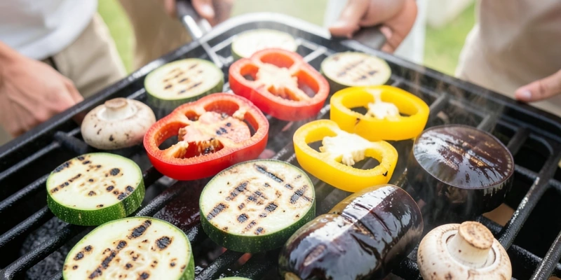 Gegrilltes Gemüse auf dem Rost – Zucchini, Paprika, Aubergine, Champignons – ohne Öl, mit deutlichen Grillstreifen