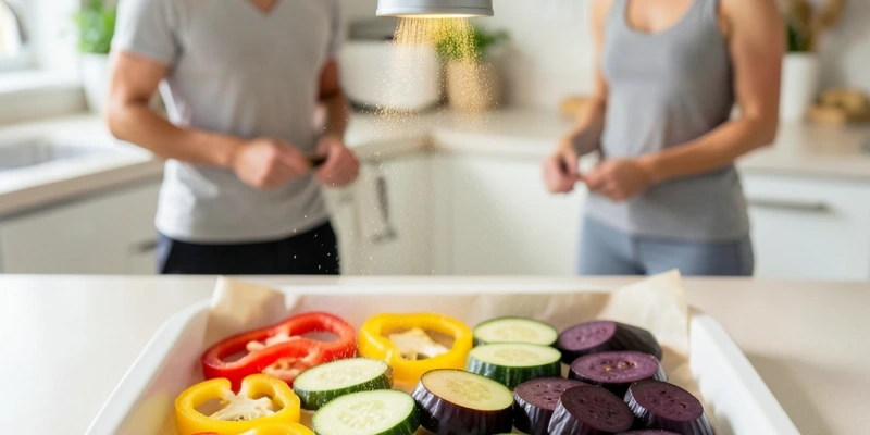 Gemüse (Paprika, Zucchini, Aubergine) auf einem Backblech, wird von oben mit einem Ölsprüher besprüht, bevor es in den Ofen kommt