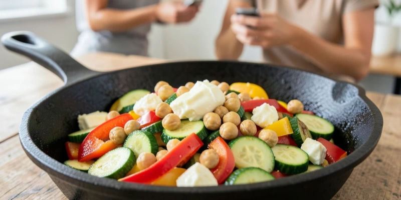 Gemüsepfanne mit sichtbaren Eierstücken und Kichererbsen obenauf – zeigt konkret, wie Protein in die Pfanne integriert werden kann, ohne das Gericht zu dominieren