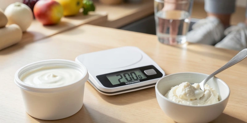 Geöffneter 500-g-Quarkbecher neben einer Waage und einer kleinen Schüssel – Hinweis auf einfache Portionierung ohne Küchenaufwand