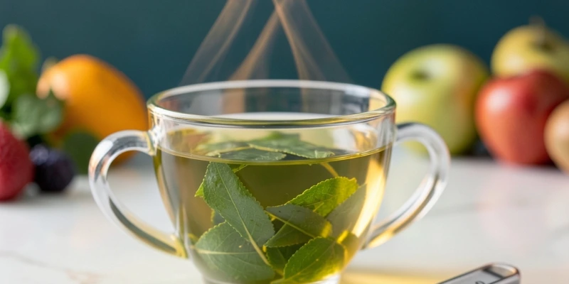 Glas mit aufgebrühtem grünem Tee, daneben ein Thermometer – visualisiert den Begriff Thermogenese als körpereigene Wärme