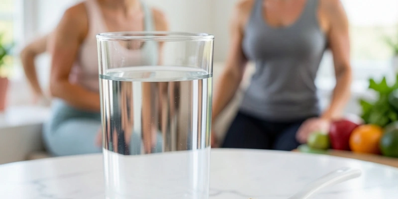 Glas Wasser (ca. 300 ml) neben einem Löffel gemahlener Leinsamen – visuelle Darstellung der empfohlenen Flüssigkeitsmenge pro Portion
