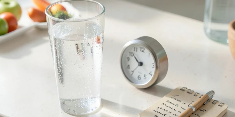 Glas Wasser neben einer Uhr – Zeitabstand zwischen erstem Hungergefühl und dem Check nach 10 Minuten, um echten Hunger von Appetitreiz zu unterscheiden