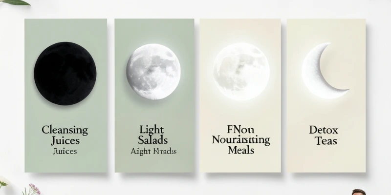 Grafik der vier Mondphasen – Neumond, zunehmender Mond, Vollmond, abnehmender Mond – mit jeweils kurzer Beschriftung, was die Mond-Diät für diese Phase empfiehlt