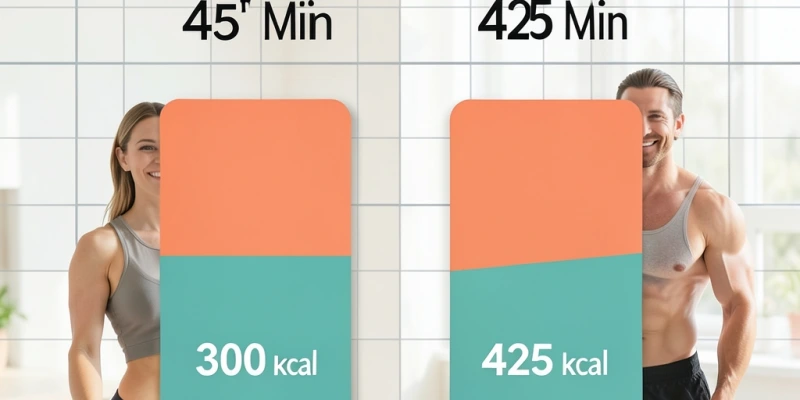 Grafik, die bei gleicher Trainingszeit den Kalorienverbrauch eines ruhigen 45-Minuten-Laufs (ca. 300 kcal) mit dem eines HIIT-Trainings (ca. 400–450 kcal) vergleicht – inklusive des Anteils aus Fett- bzw. Kohlenhydratverbrennung