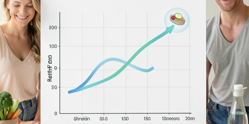 Grafik, die den Anstieg des Ghrelinspiegels über 4–5 Stunden nach einer Mahlzeit zeigt, mit abfallender Kurve nach dem Essen