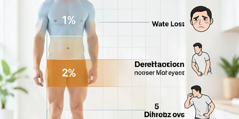 Grafik, die zeigt, ab welchem prozentualen Wasserverlust (1 %, 2 %, 5 %) welche Symptome auftreten – von leichter Konzentrationsschwäche bis zu Schwindel
