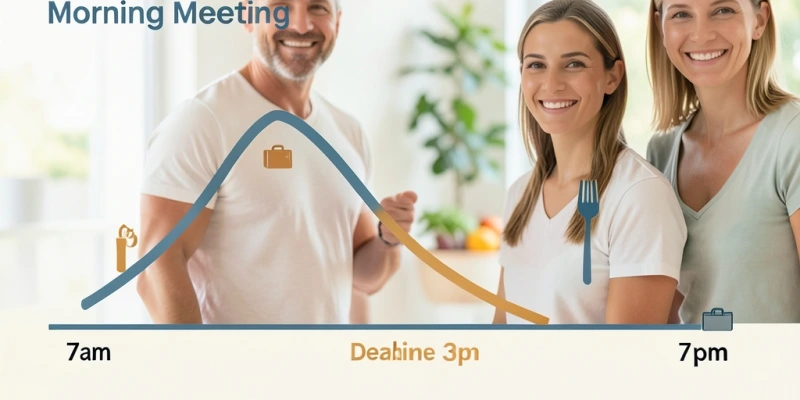 Grafik, die zeigt, wie Cortisol im Tagesverlauf mit Stressphasen ansteigt und in ruhigeren Phasen absinkt – mit Markierung typischer Büro-Stressphasen (Meetings, Deadlines)