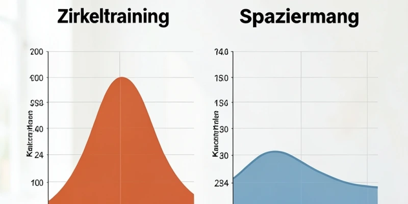 Grafik, die zeigt, wie der Kalorienverbrauch nach intensivem Zirkeltraining im Vergleich zu einem Spaziergang über 12–24 Stunden abfällt – ein höherer Sockel in den ersten 2–6 Stunden nach dem Training