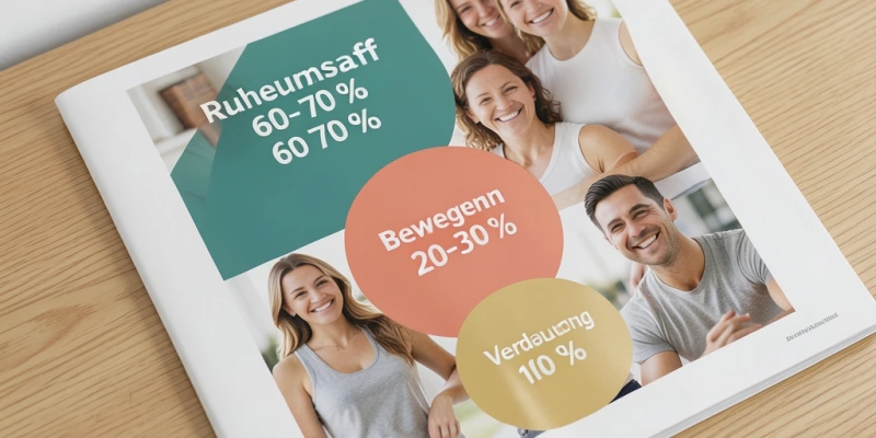Grafik, die zeigt, wie sich Grundumsatz und Gesamtverbrauch zusammensetzen – Ruheumsatz ca. 60–70 %, Bewegung ca. 20–30 %, Verdauung ca. 10 % – mit Beschriftung je Anteil