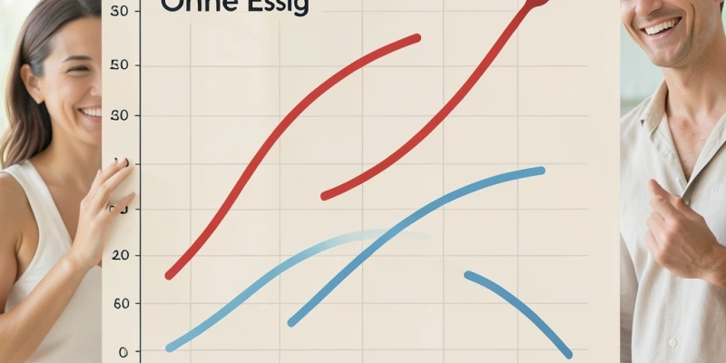 Grafik, die zwei Blutzuckerkurven nach einer Mahlzeit zeigt – eine steil ansteigende ohne Essig, eine flachere mit Apfelessig vor dem Essen
